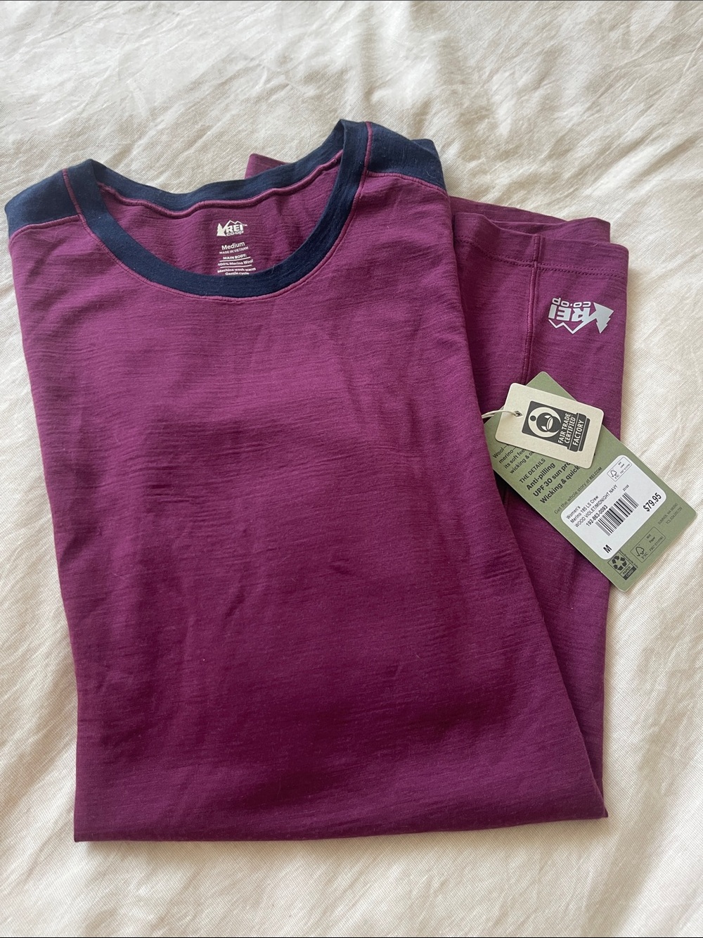 REI Women's Merino Wool Burgundy Long-Sleeve Base Layer Top with Navy Trim